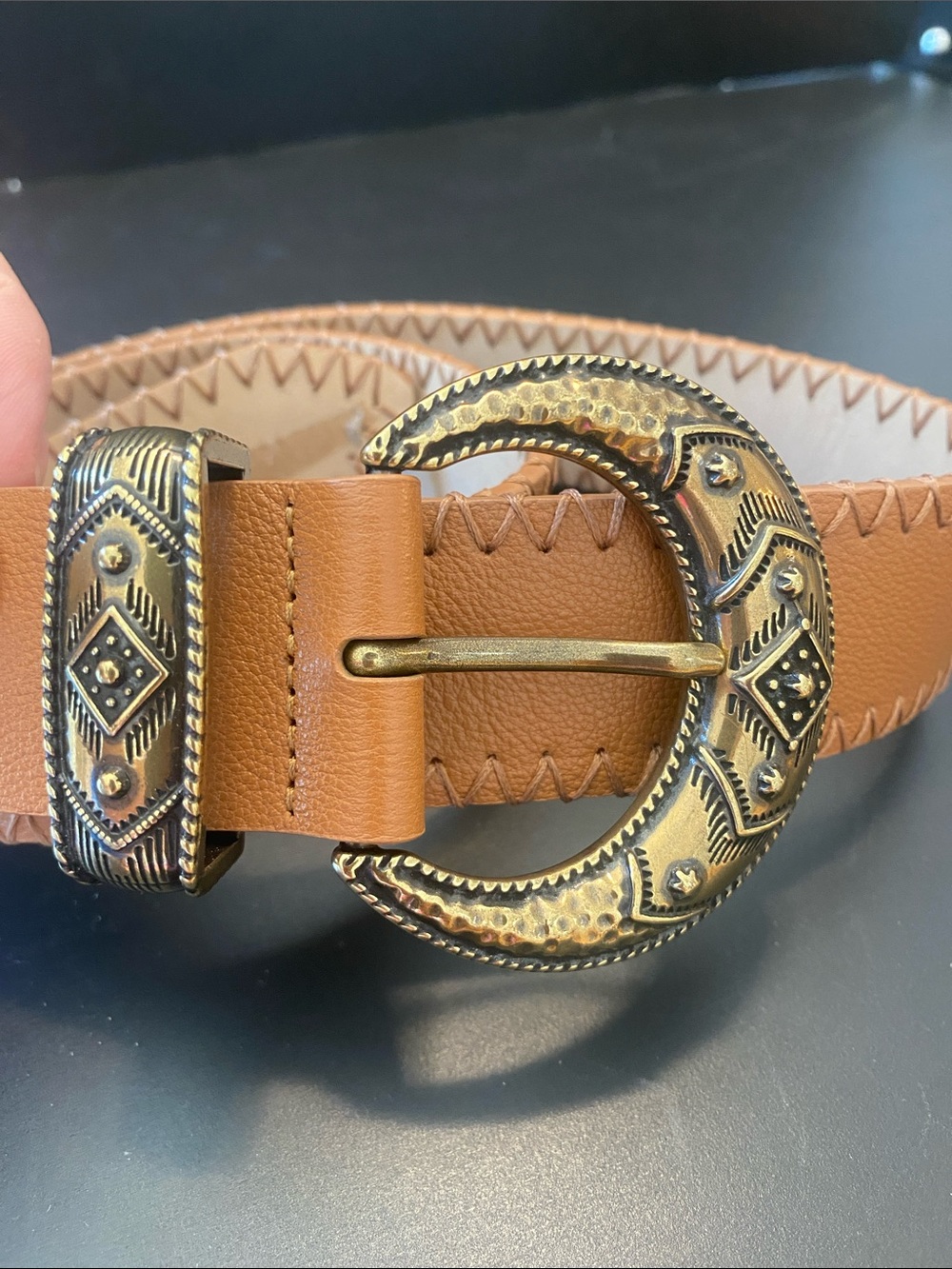 Belt Tan Pebbled Leather Whipstitch Crescent Moon Metal Buckle SMALL